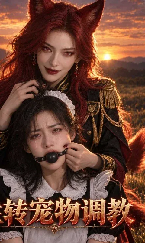 魔改短剧海报,红发狐耳角色与女仆装人物在夕阳下